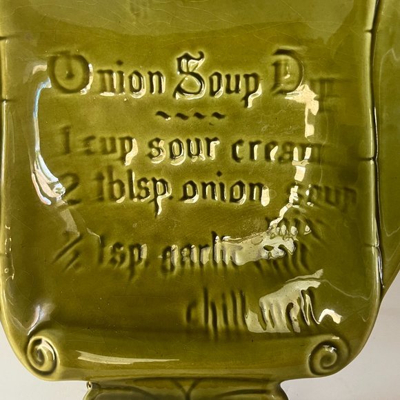 California Pottery Onion Soup Chip Dip Recipe Avocado green Tray Glaze MCM - Picture 4 of 16
